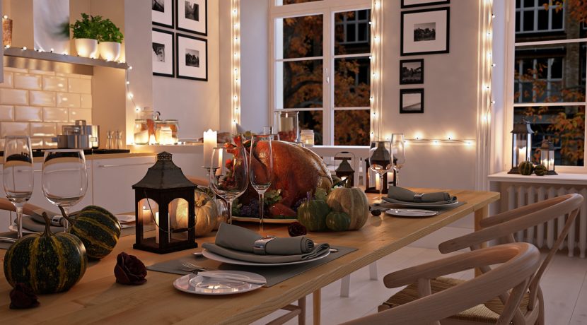 nordic kitchen in an apartment. 3D rendering. thanksgiving concept.
