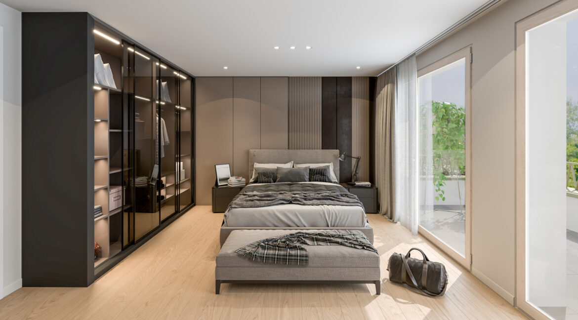 Schlafzimmer, Obergeschoss, mit Zugang zur Terrasse